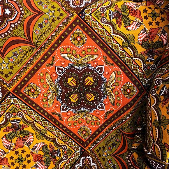 Vintage 1970s 86" Round Tablecloth Patriotic Americana Print Ships Eagles Autumn - Picture 7 of 9